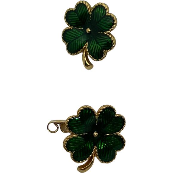 Vintage Avon Green Gold Shamrock Clover Earrings 1990s St. Patrick's Day Jewelry - Picture 3 of 8